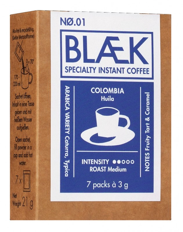 BLAEK Coffee Colombia No 1, Oplosbare Bonenkoffie, 7 Sachets, BLAEK Coffee - 7 x 3g - inpakken
