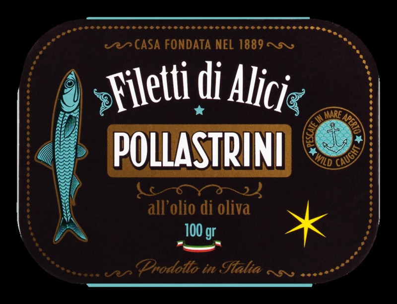 Filetti di Alici all` Olio di Oliva, Sardellenfilets in Olivenöl, Pollastrini - 100 g - Dose