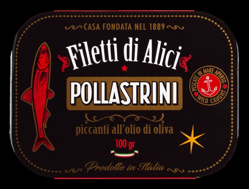 Filetti di Alici piccanti all` Olio di Oliva, spicy anchovy fillets in olive oil, Pollastrini - 100 g - can