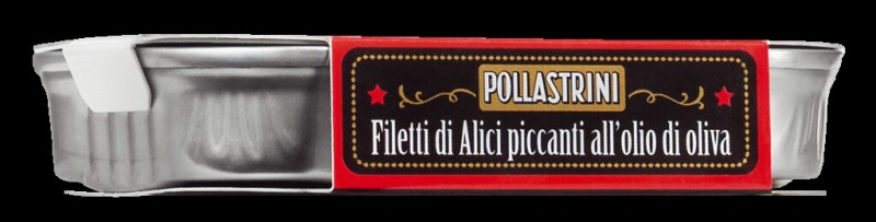 Filetti di Alici piccanti all` Olio di Oliva, spicy anchovy fillets in olive oil, Pollastrini - 100 g - can