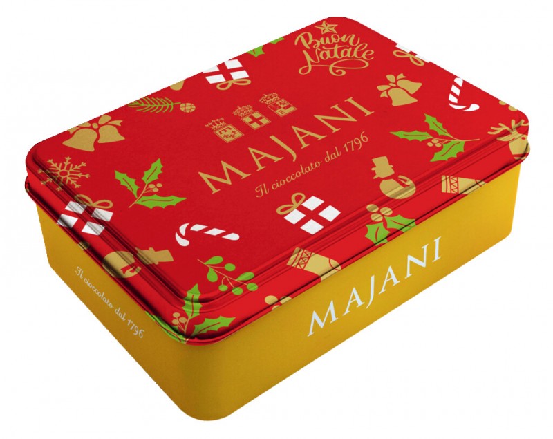 Boîte de Noël, petites boules de chocolat mélangées à la crème de lait + chocolat moelleux, Majani - 100g - boîte