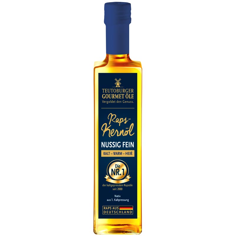 Rapeseed seed oil, cold-pressed, from peeled rapeseed, Teutoburg oil mill - 500ml - Bottle