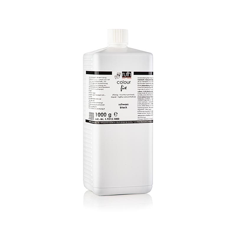 Vloeibare kleurstof voor levensmiddelen, zwart, in water oplosbaar, 9812, Ruth - 1 kg - PE-fles