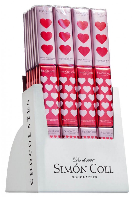 Chocolatira Corazones, display, chocoladerepen hartjes, display, Simon Coll - 24*3*18g - scherm