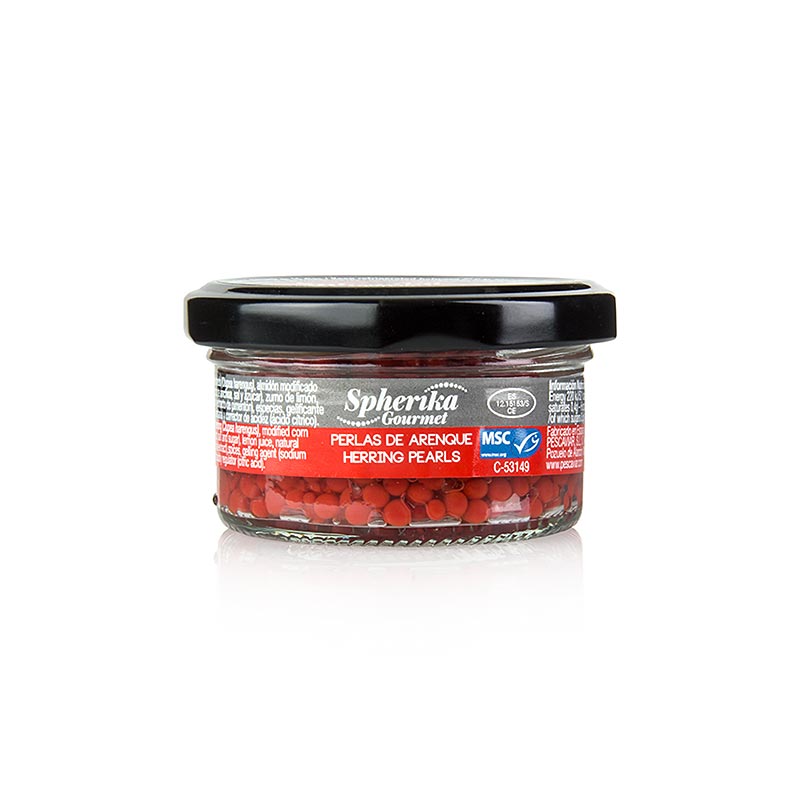Harengs Perlen, rouges, façon caviar/ sphères, Spherika Gourmet - 50 grammes - Un verre