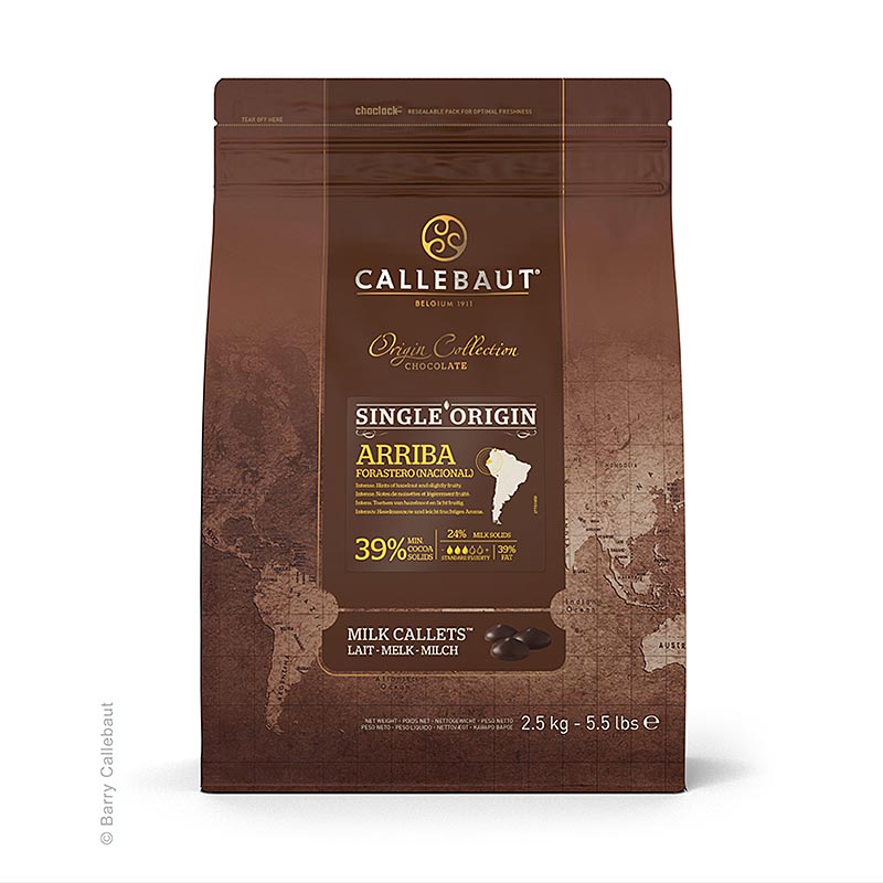 Callebaut Oprindelse Vælg Arriba - Helmælk Couverture, 39% Kakao, 25,5% Mælk, som Callets - 2,5 kg - taske