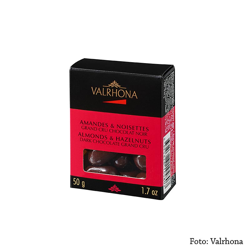 Valrhona Equinoxe bolde - Mandler / hasselnødder i mørk chokolade - 50 g - kan