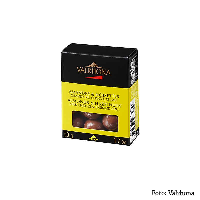 Valrhona Equinoxe-balletjes - amandelen / hazelnoten in melkchocolade - 50 g - kan