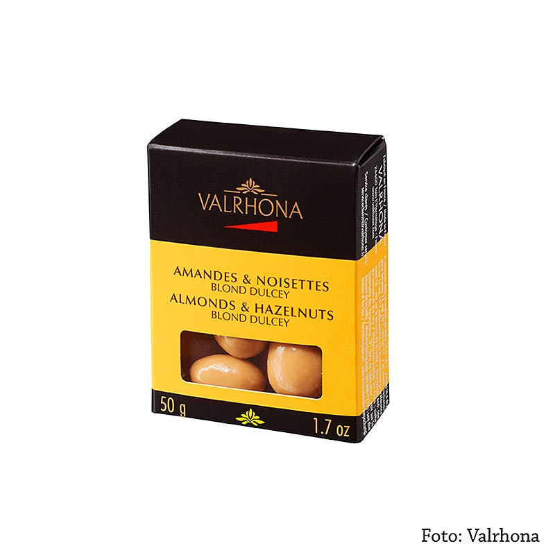 Valrhona Equinoxe ballen - amandelen / hazelnoten in blonde couverture - 50 g - kan