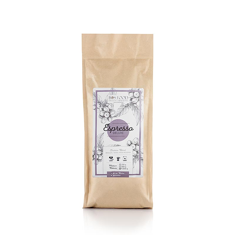 Espresso Deluxe, Arabica Kaffee -Mischung, ganze Bohne - 1 kg - Beutel