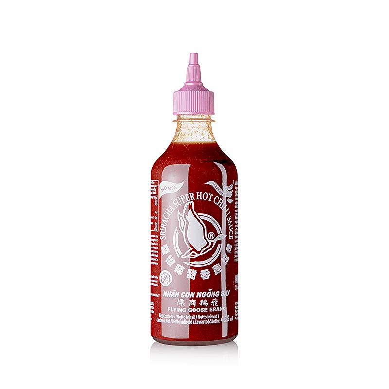 Chilisauce - Sriracha uden MSG, meget krydret, klemflaske, flyvende gås - 455 ml - pe flaske