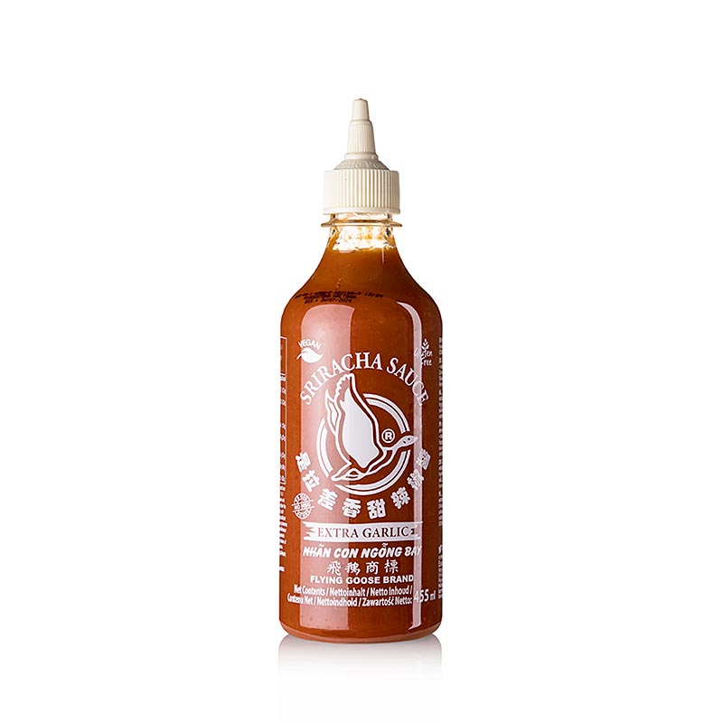 Chilisauce - Sriracha uden MSG, krydret, med hvidløg, presseflaske, flyvende gås - 455 ml - pe flaske