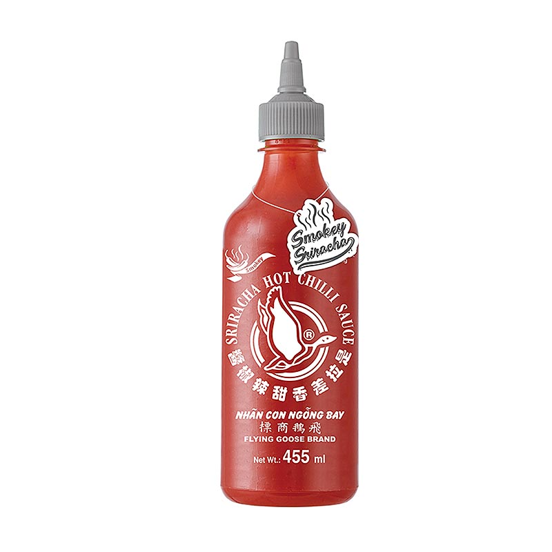 Chilisauce - Sriracha, staerk, roeget, klemflaske, Flying Goose - 455 ml - PE-flaske