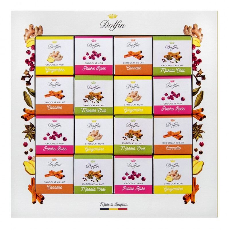 Carre 48 Epices, gift box, assortment with 48 seasoned Napolitains, Dolfin - 216 g - pack