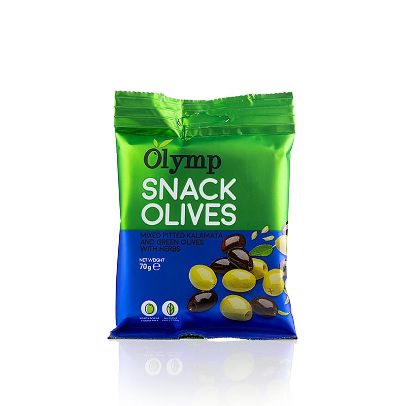 Snackolijven, kalamata en groene olijven, zonder pit, met kruiden - 70g - tas