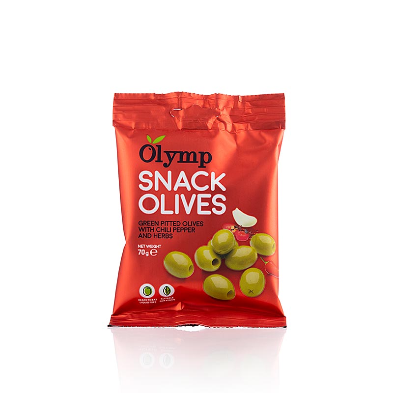 Snackolijven, groene olijven, ontpit, met chili en kruiden - 70g - tas