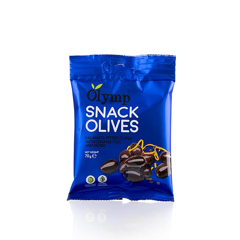 Snackolijven, Kalamata-olijven, ontpit, met sinaasappelschil en kruiden - 70g - tas