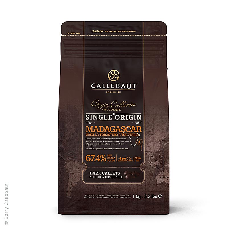 Origine Madagaskar, mørk couverture, callets, 67,4% kakao - 2,5 kg - taske