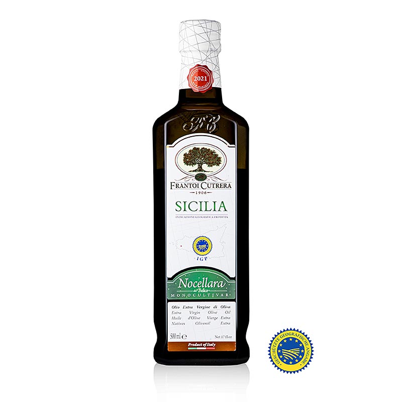 Huile d`Olive Extra Vierge, Frantoi Cutrera IGP/IGP, 100% Nocellara del Belice - 500 ml - bouteille