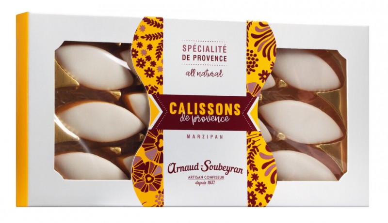 Calissons de Provence, confiseries aux amandes et au melon, coffret cadeau, Arnaud Soubeyran - 140 g - pack