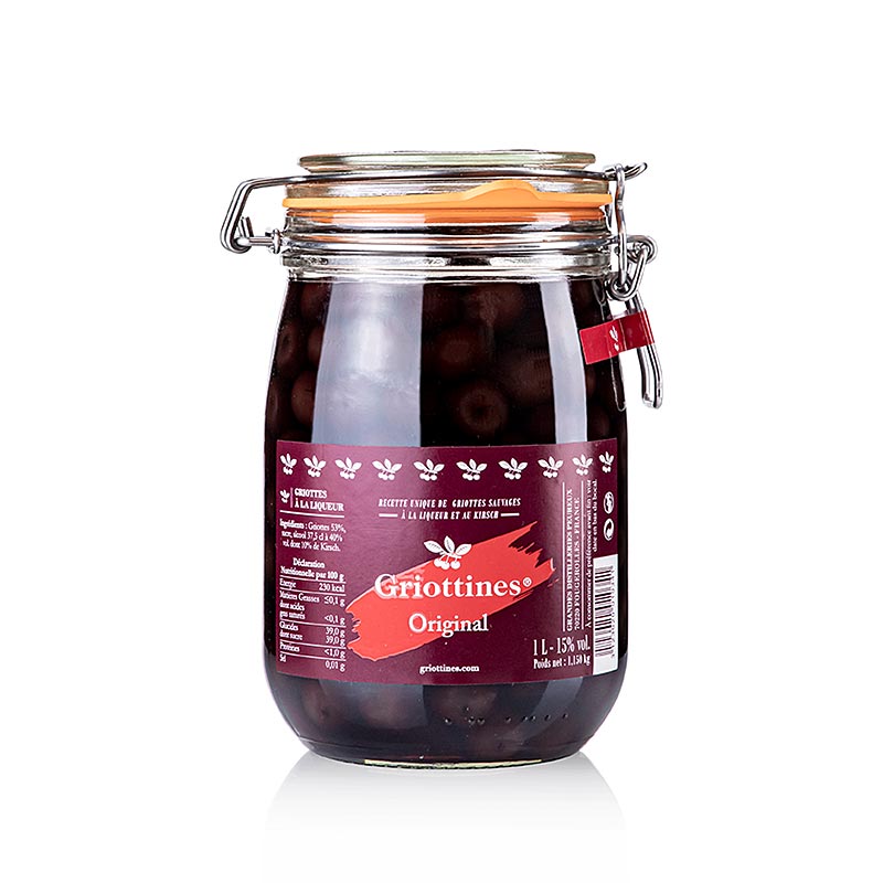 Griottines Original, semi-edged. Sour cherries without core, without stem, in liqueur, 15% vol. - 1 l - Glass Griottines Original, semi-edged. Sour cherries without core, without stem, in liqueur, 15% vol. - 1 l - Glass
