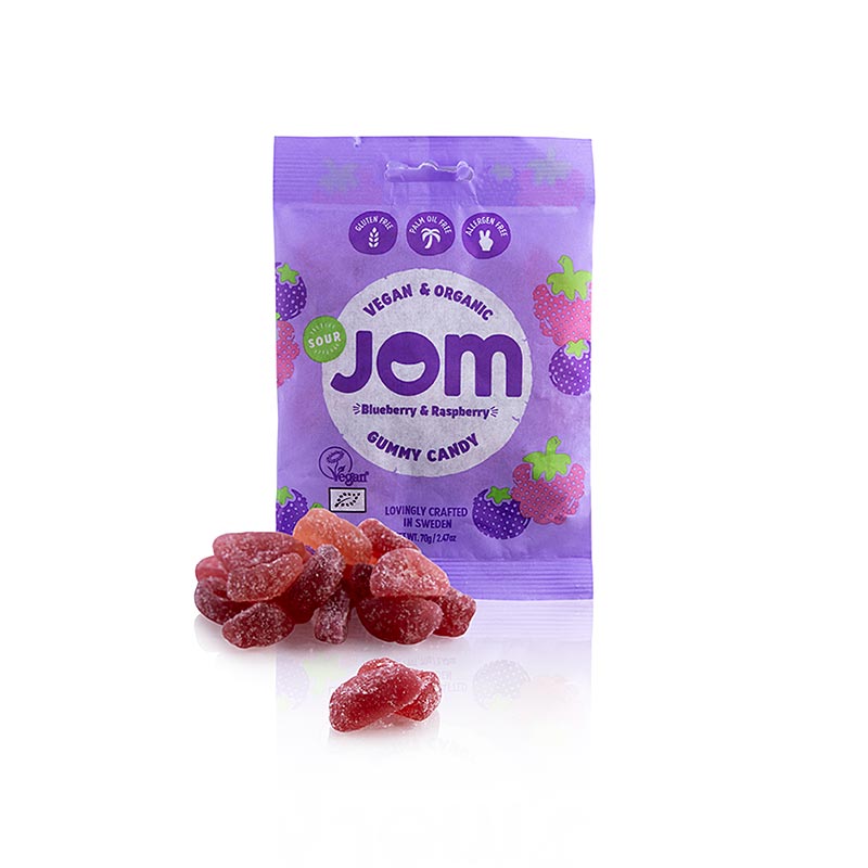 JOM - Sour Blueberry and Raspberry Gummy Candy, vegansk, ØKOLOGISK - 70 g - taske
