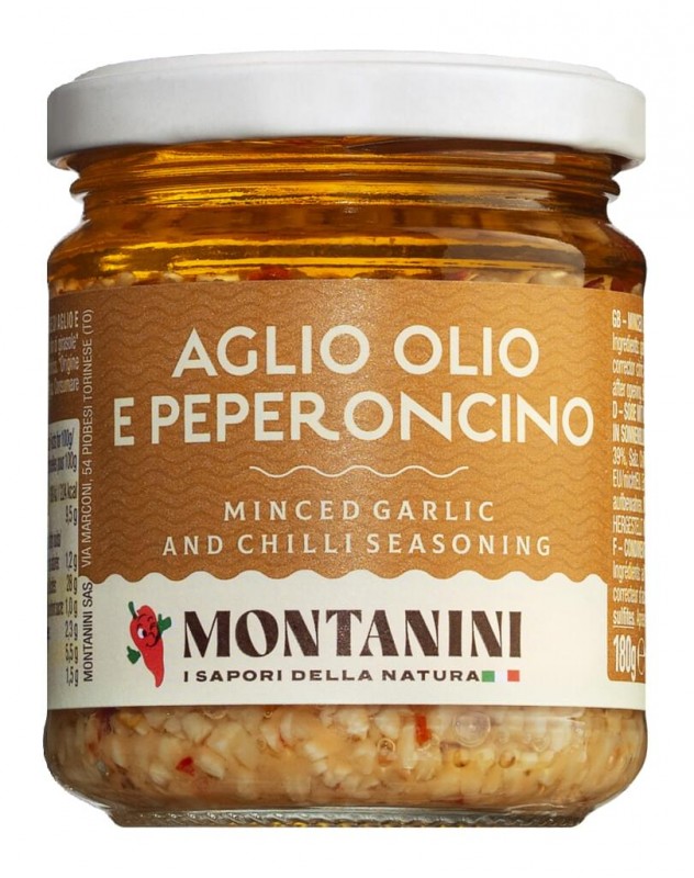 Aglio, olio e peperoncino, morceaux d`ail, huile et piment, Montanini - 180 g - verre