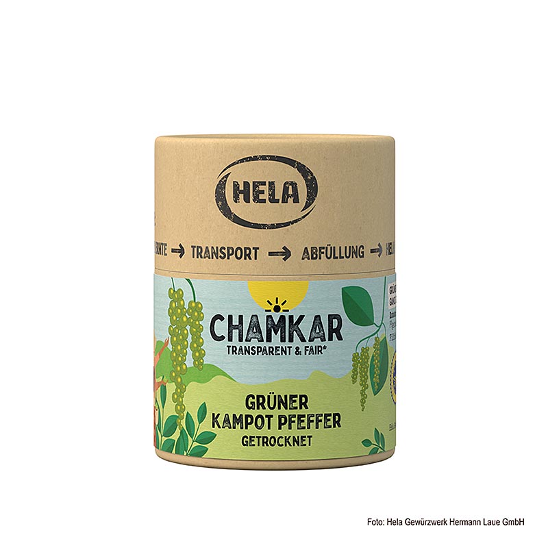 HELA Chamkar - Grüner Kampot Pfeffer, getrocknet, ganz, g.g.A. - 25 g - Aromabox