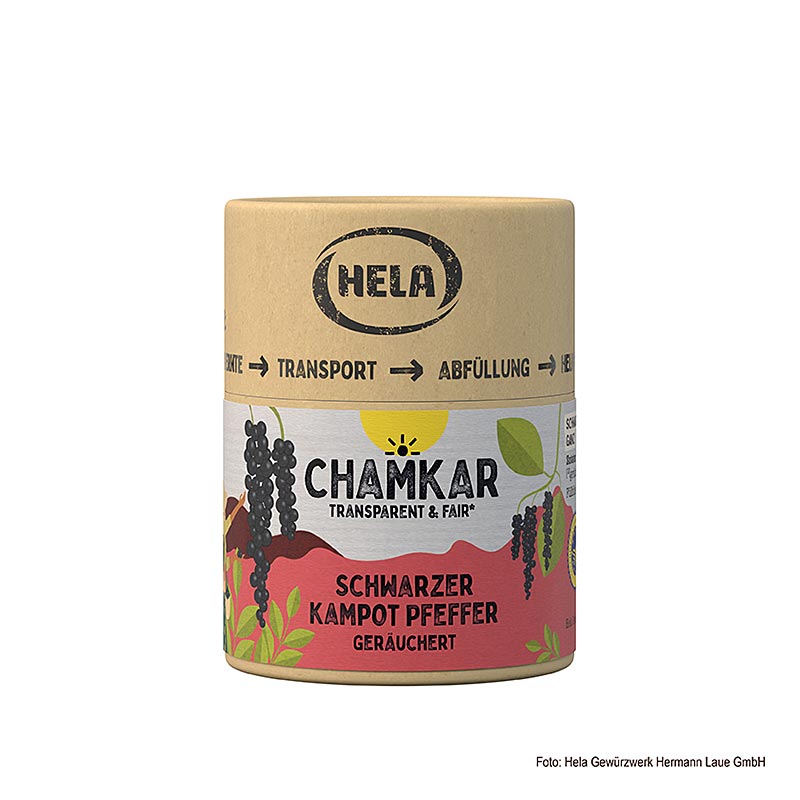 HELA Chamkar - Schwarzer Kampot Pfeffer, gräuchert, ganz, g.g.A. - 100 g - Aromabox