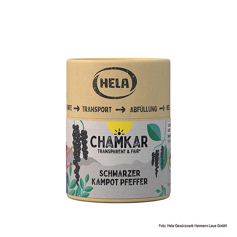 HELA Chamkar - Schwarzer Kampot Pfeffer, getrocknet, ganz, g.g.A. - 100 g - Aromabox