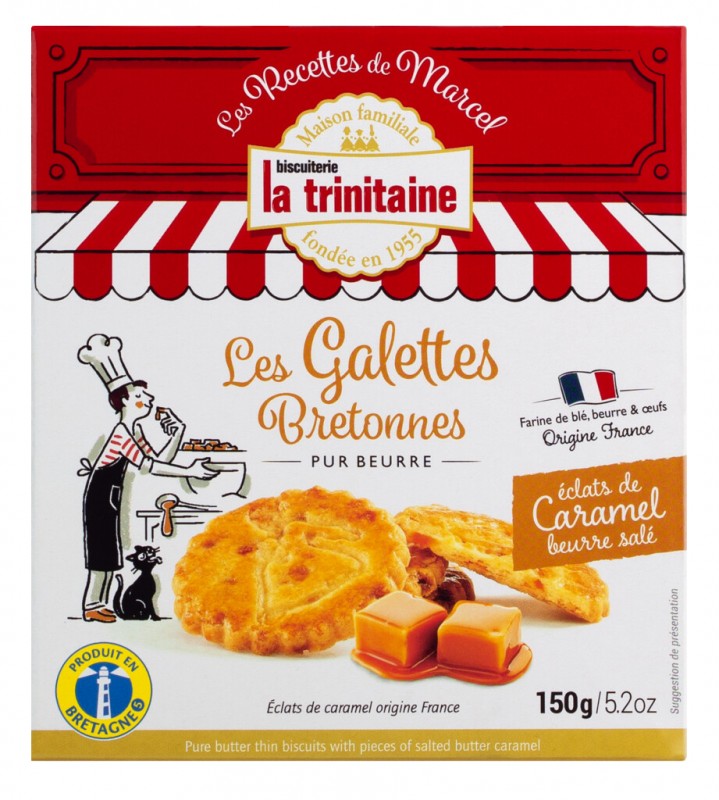 Galettes pur beurre avec caramel au beurre sale, zandkoek uit Bretagne met gezouten karamel, La Trinitaine - 150g - pak