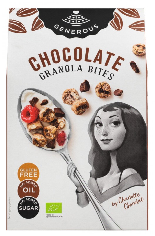 Bouchées de granola au chocolat, bio, gf, Granola au chocolat, Sans gluten, Bio, Généreux - 300 grammes - paquet