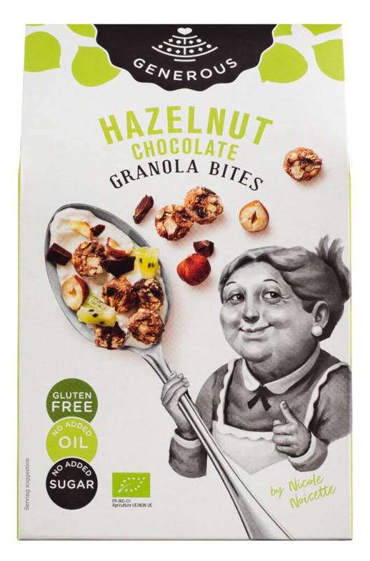 Bouchées de granola au chocolat et aux noisettes, bio, gf, Granola au chocolat et aux noisettes, sans gluten, bio, Généreux - 300 grammes - paquet