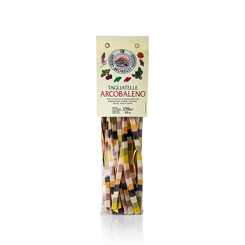 Pasta Tagliatelle Arcobaleno (farverig regnbuepasta), Morelli 1860 - 250 g - taske