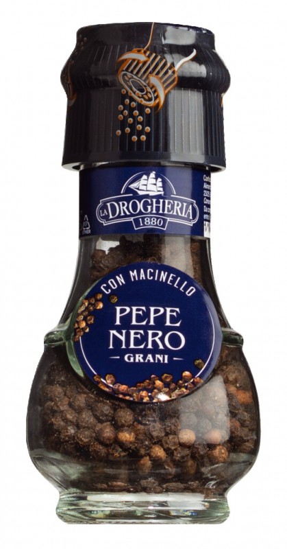 Pepe nero con macinello, sort peber, krydderikværn, drogheria og alimentari - 45 g - glas