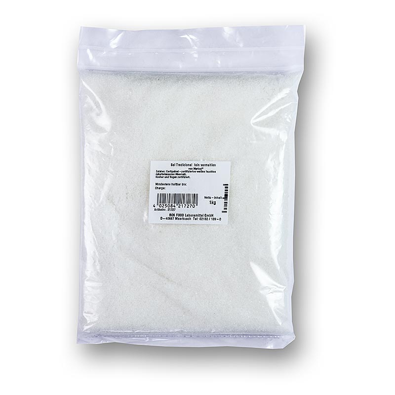Sal Tradicional, fine, white, moist, MarisolÂ®, CERTIPLANET-, Kosher Cert., Vegan - 1 kg - Bag
