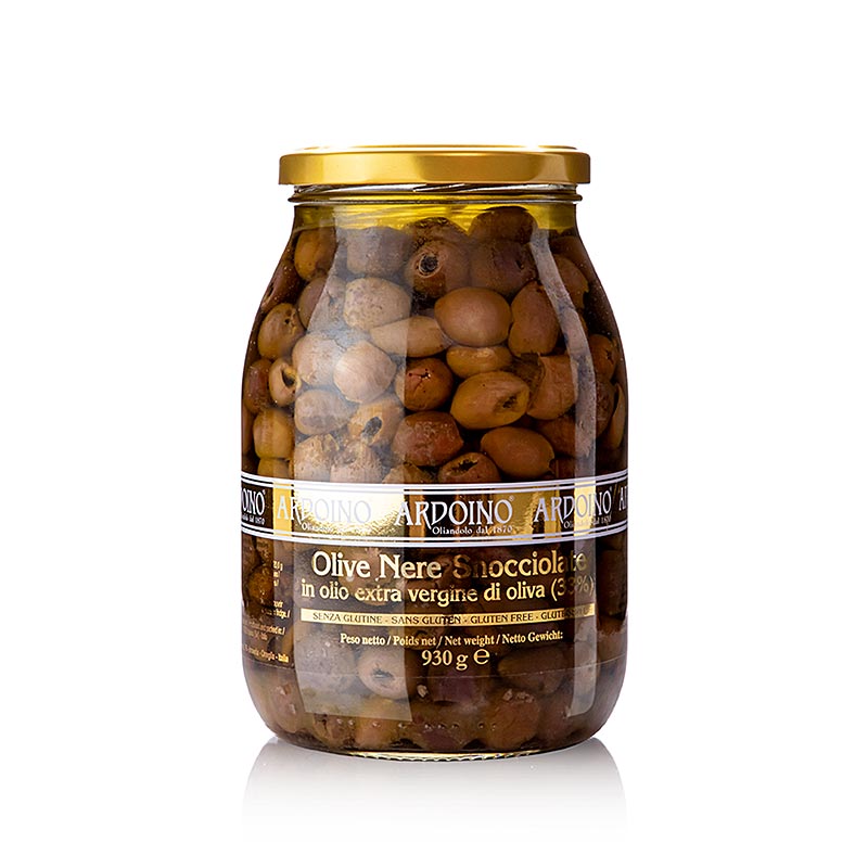 Olives noires denoyautees (snocciolate), a l`huile d`olive, Ardoino - 930g - Verre