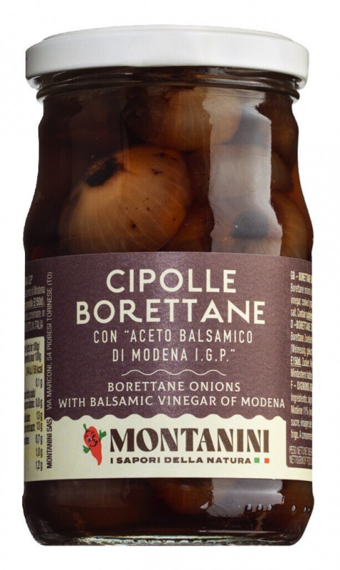 Cipolle borettane in Aceto balsamico di Modena IGP, Borrettane-Zwiebeln in Balsamessig, Montanini - 300 g - Glas