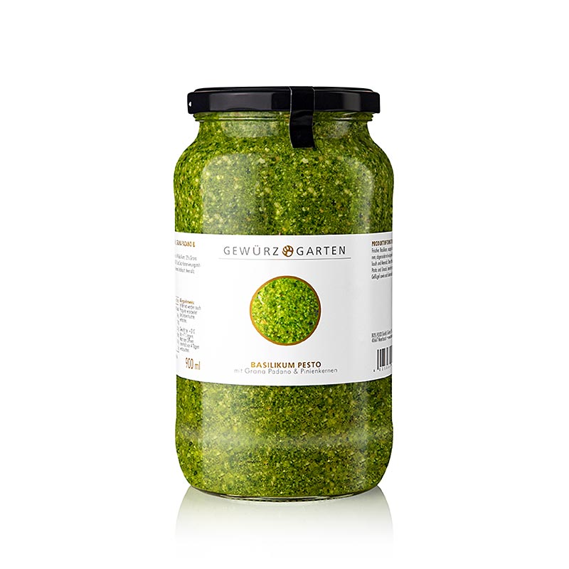 Kruidentuin basilicum pesto, met basilicum, pijnboompitten, Grana Padano - 900 ml - Glas Kruidentuin basilicum pesto, met basilicum, pijnboompitten, Grana Padano - 900 ml - Glas
