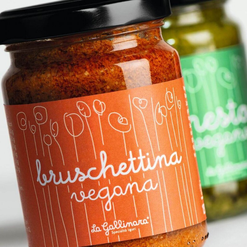 Bruschettina Vegana, besmeerd met aubergine en gedroogd Tomaten, veganistisch, La Gallinara - 130 gram - Glas