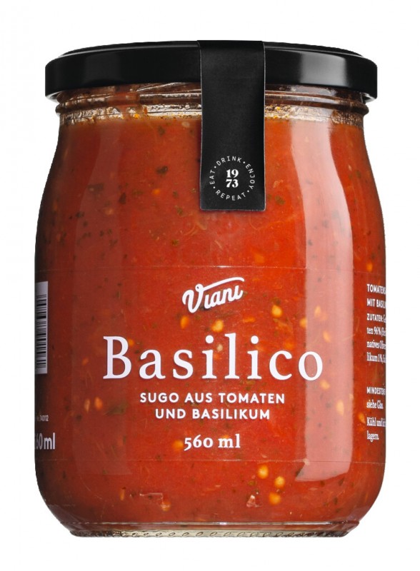 BASILICO - Sugo lavet af tomater og basilikum, tomatsauce med basilikum, Viani - 560 ml - Glas