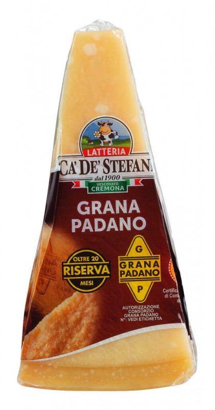 Grana Padano DOP Riserva 20 mesi, harde kaas gemaakt van rauwe koemelk, minimaal 20 maanden gerijpt, Latteria Ca` de` Stefani - ongeveer 350 g - Stuk
