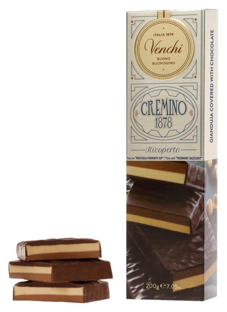 Overtrukket Cremino Soft Bar, maelk - gianduia-creme, moerk chokoladeovertrukket, Venchi - 200 g - stykke