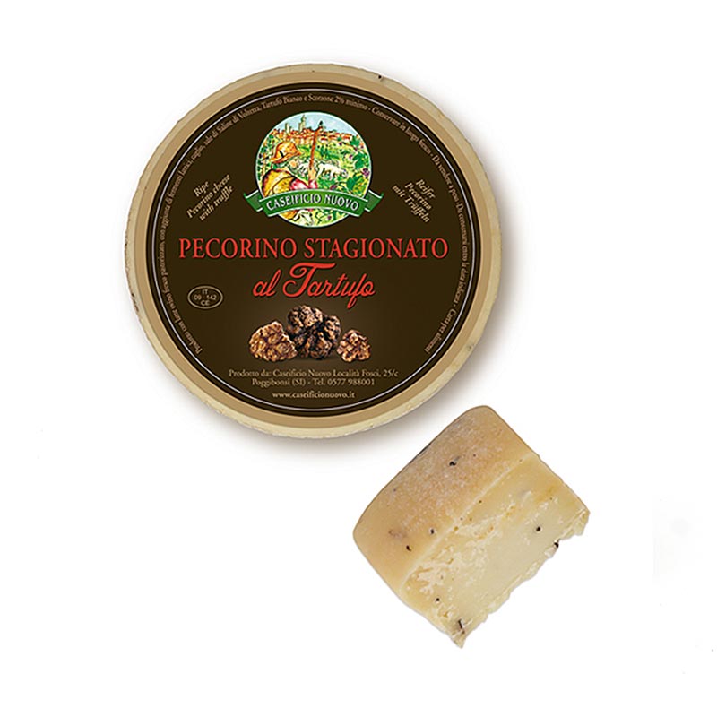 Pecorino Tartuffo Premium, sheep`s cheese with truffle, spicy, matured for 5 months - about 650 g - vacuum Pecorino Tartuffo Premium, sheep`s cheese with truffle, spicy, matured for 5 months - about 650 g - vacuum