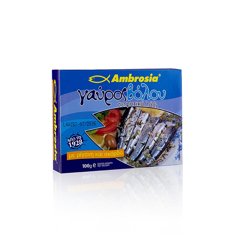 Ansjovis met oregano en knoflook uit de Egeïsche Zee, ambrosia - 100 gr - 