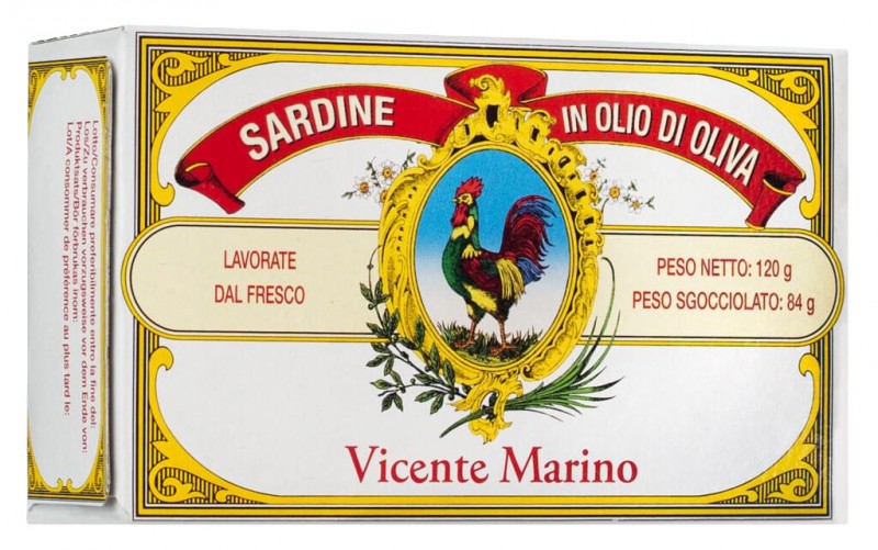 Sardine in olio di oliva, sardines à l`huile d`olive, semi-conserve, Vicente Marino - 120 g - boîte