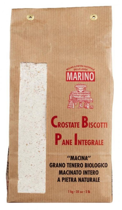 Farina di Grano tenero Macina biologico, volkorenmeel van de steenmolen voor gezouten snoepjes, biologisch, Mulino Marino - 1.000 g - zak