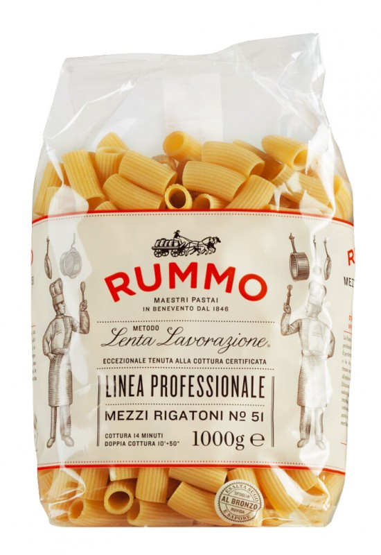 Mezzi rigatoni, Le Classiche, pasta lavet af durum hvede semulje, rummo - 1 kg - pakke