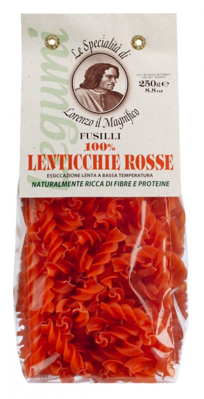 Pasta lenticchie rosse, fusilli, rode linzen fusilli, Lorenzo il Magnifico - 250 gram - tas