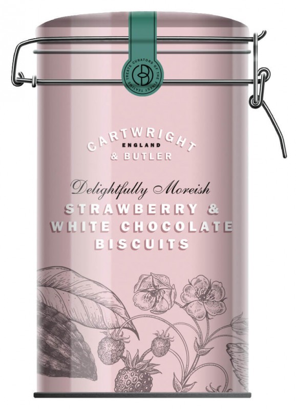 Biscuit with white chocolate and strawberries, tin, Strawberry and White Chocolate Biscuit, Tin, Cartwright and Butler - 200 g - can